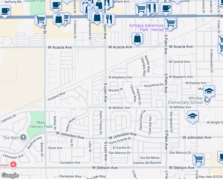 map of restaurants, bars, coffee shops, grocery stores, and more near 1601 West Montrose Avenue in Hemet