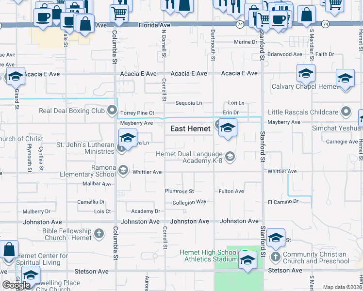 map of restaurants, bars, coffee shops, grocery stores, and more near 41350 Ladd Court in Hemet