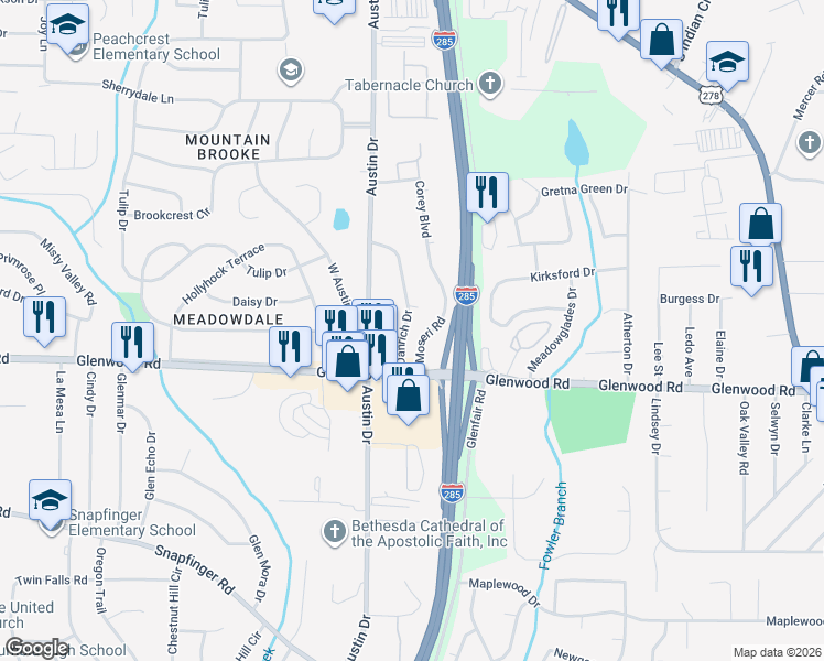 map of restaurants, bars, coffee shops, grocery stores, and more near 1812 Danrich Drive in Decatur