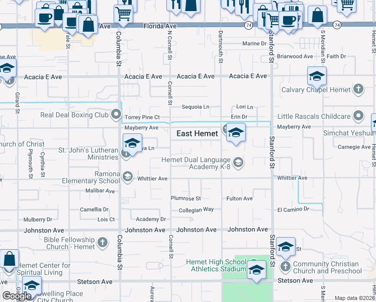 map of restaurants, bars, coffee shops, grocery stores, and more near 41350 Ladd Court in Hemet
