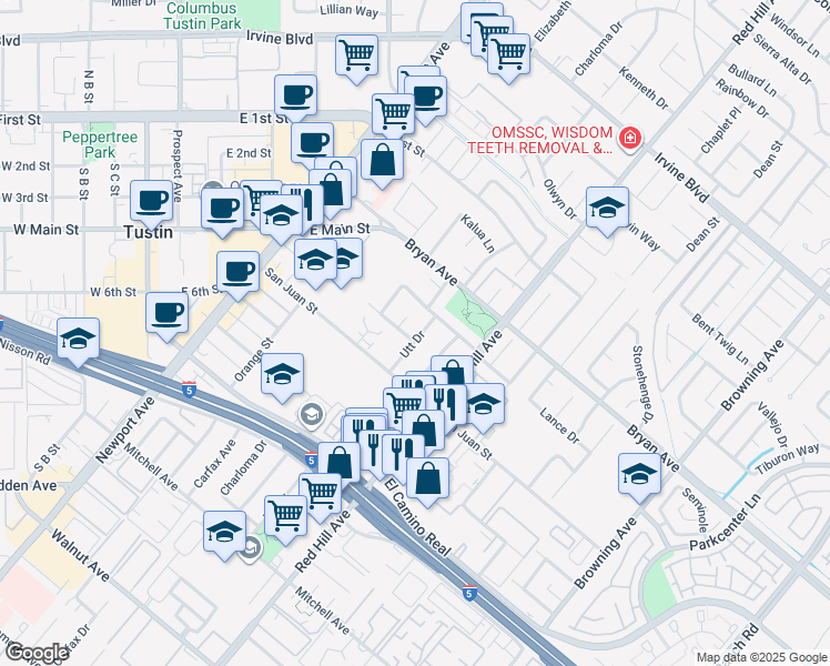 map of restaurants, bars, coffee shops, grocery stores, and more near 13631 Utt Drive in Tustin