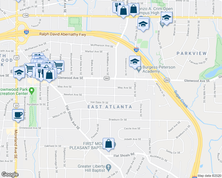 map of restaurants, bars, coffee shops, grocery stores, and more near 1587 May Avenue Southeast in Atlanta