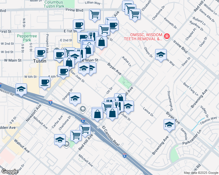 map of restaurants, bars, coffee shops, grocery stores, and more near 13631 Utt Drive in Tustin