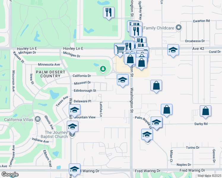 map of restaurants, bars, coffee shops, grocery stores, and more near 42560 Brighton Street in Palm Desert
