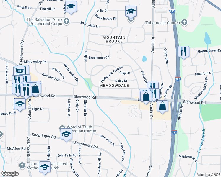 map of restaurants, bars, coffee shops, grocery stores, and more near 3656 Larkspur Terrace in Decatur