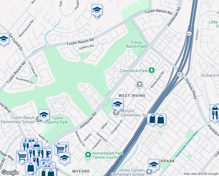 map of restaurants, bars, coffee shops, grocery stores, and more near 2960 Champion Way in Tustin