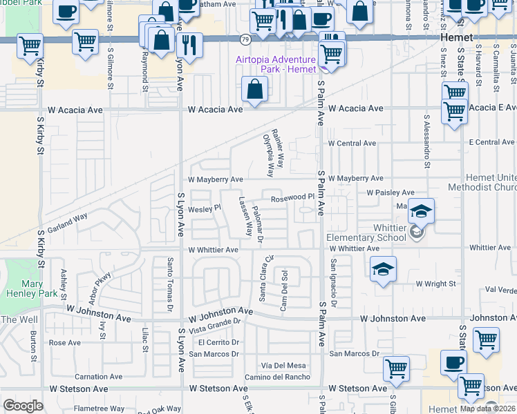 map of restaurants, bars, coffee shops, grocery stores, and more near 1225 Teakwood Place in Hemet