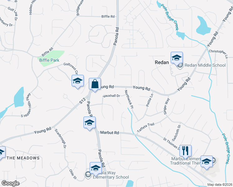 map of restaurants, bars, coffee shops, grocery stores, and more near 2040 Young Road in Lithonia