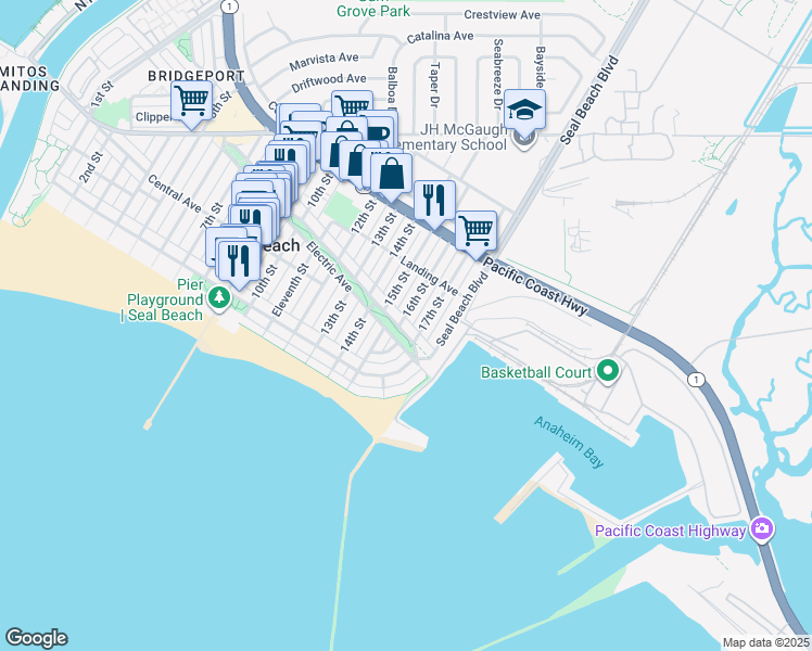 map of restaurants, bars, coffee shops, grocery stores, and more near 1605 Electric Avenue in Seal Beach