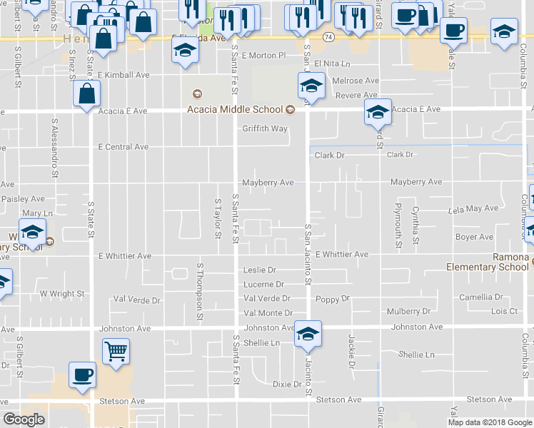 map of restaurants, bars, coffee shops, grocery stores, and more near 1061 East Wesley Place in Hemet