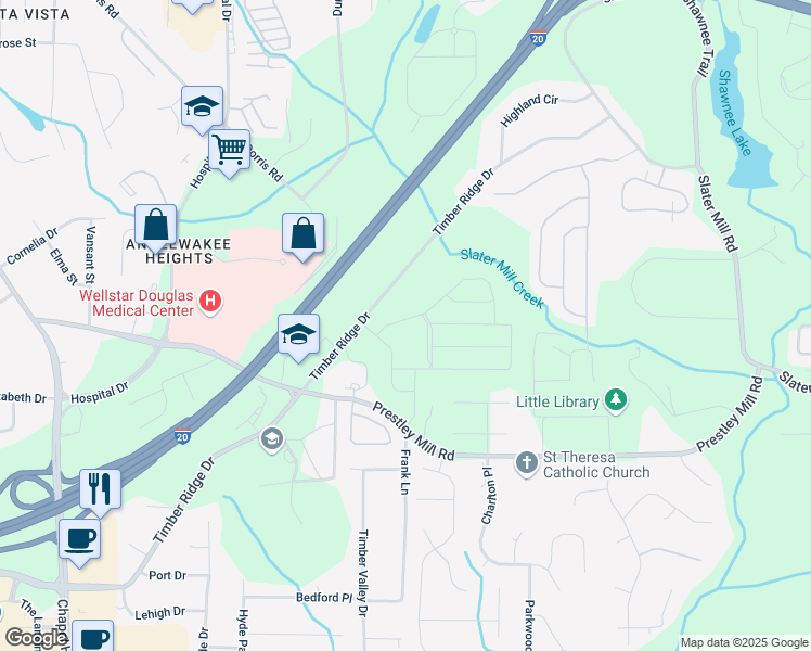 map of restaurants, bars, coffee shops, grocery stores, and more near 2464 Cotton Lane in Douglasville