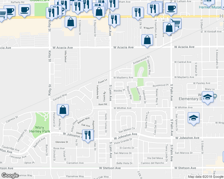 map of restaurants, bars, coffee shops, grocery stores, and more near 570 South Lyon Avenue in Hemet