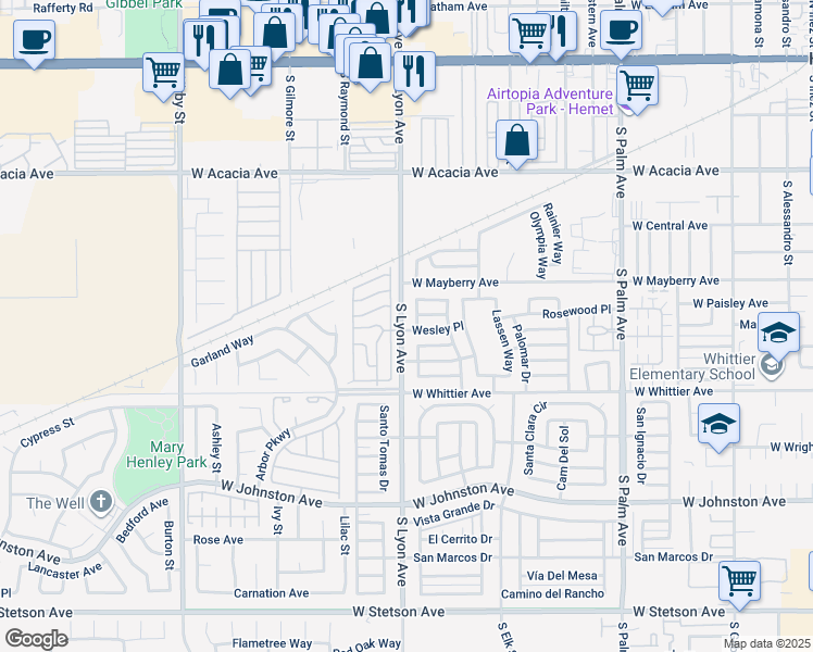 map of restaurants, bars, coffee shops, grocery stores, and more near 570 South Lyon Avenue in Hemet