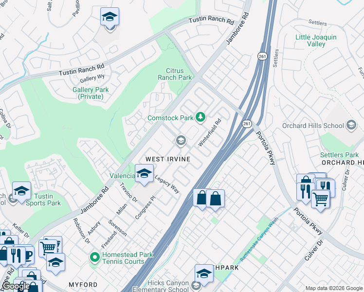 map of restaurants, bars, coffee shops, grocery stores, and more near 31 Tradition Place in Irvine
