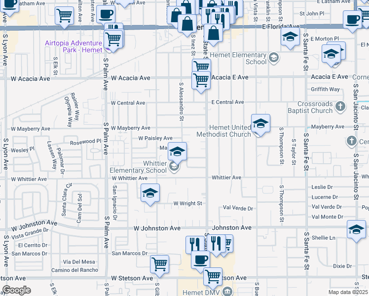 map of restaurants, bars, coffee shops, grocery stores, and more near 280 Mary Lane in Hemet