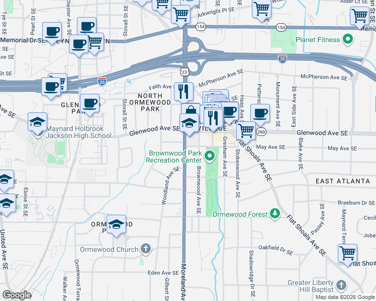 map of restaurants, bars, coffee shops, grocery stores, and more near 537 Moreland Avenue Southeast in Atlanta