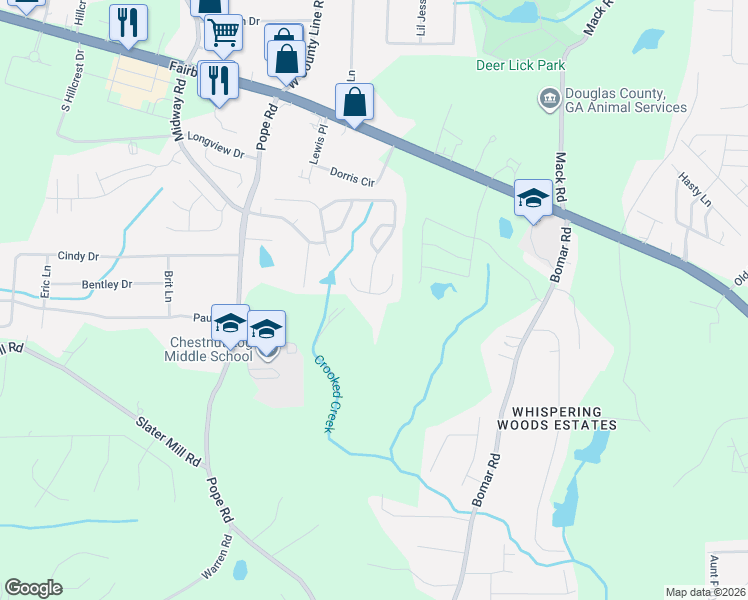 map of restaurants, bars, coffee shops, grocery stores, and more near 2511 Redbud Meadow Lane in Douglasville