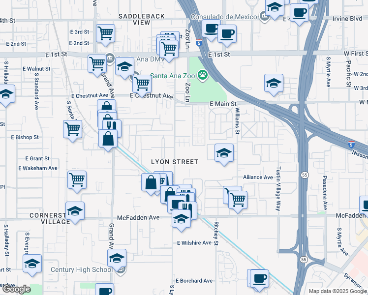 map of restaurants, bars, coffee shops, grocery stores, and more near 717 South Lyon Street in Santa Ana