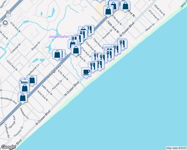 map of restaurants, bars, coffee shops, grocery stores, and more near 7000 North Ocean Boulevard in Myrtle Beach