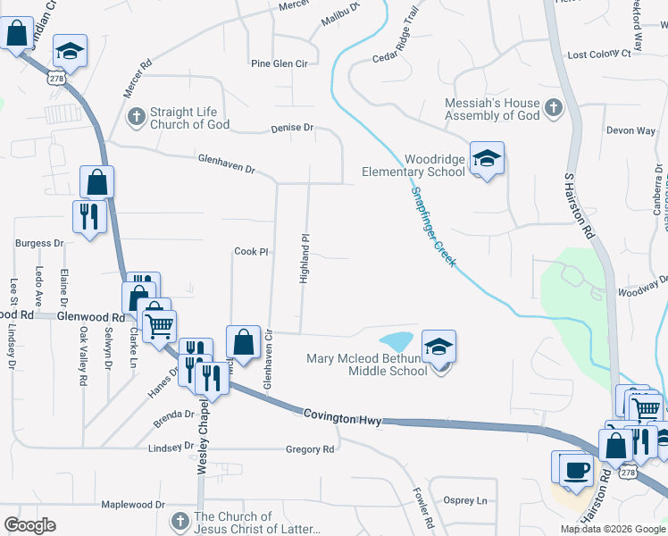 map of restaurants, bars, coffee shops, grocery stores, and more near 4466 Mark Anthony Court in Decatur