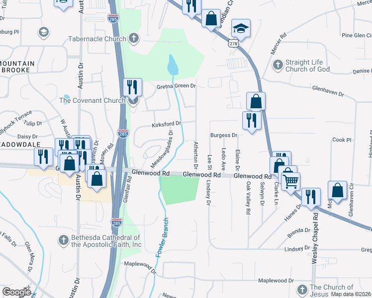 map of restaurants, bars, coffee shops, grocery stores, and more near 4021 Moffat Court in Decatur