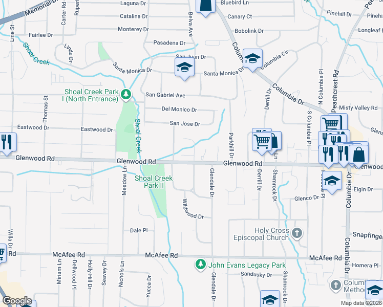 map of restaurants, bars, coffee shops, grocery stores, and more near 1841 Shoal Creek Boulevard in Decatur