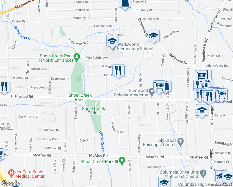 map of restaurants, bars, coffee shops, grocery stores, and more near 1841 Shoal Creek Boulevard in Decatur