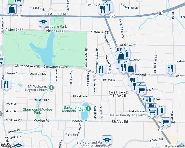 map of restaurants, bars, coffee shops, grocery stores, and more near 2809 Glenwood Avenue Southeast in Atlanta