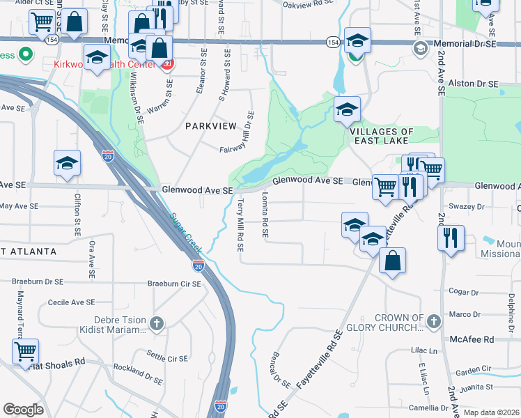 map of restaurants, bars, coffee shops, grocery stores, and more near 1833 Lomita Road Southeast in Atlanta