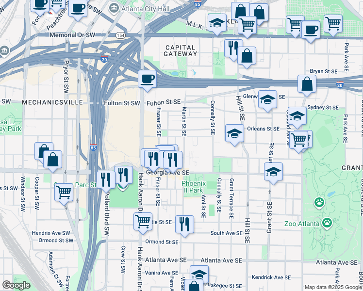 map of restaurants, bars, coffee shops, grocery stores, and more near 118 Crumley Street Southeast in Atlanta