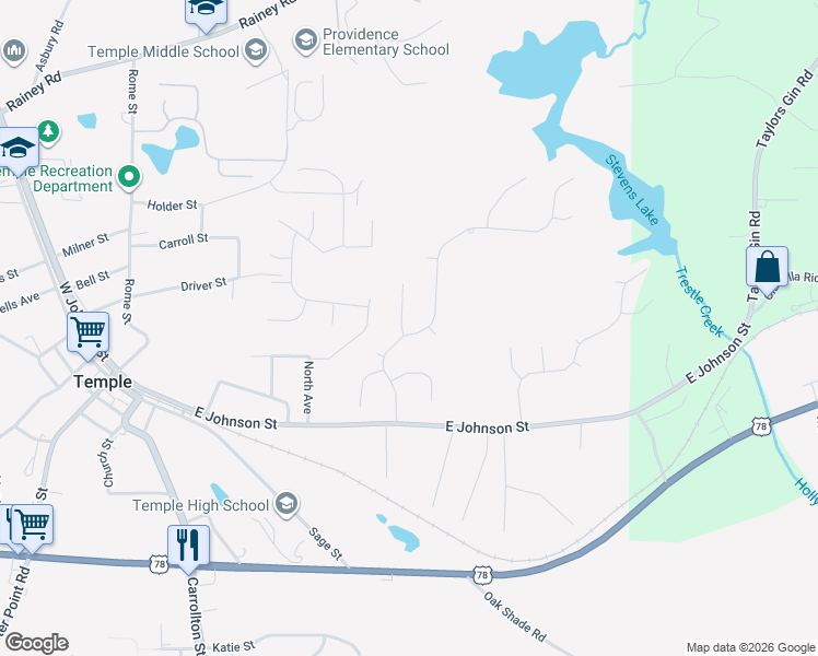 map of restaurants, bars, coffee shops, grocery stores, and more near 140 Ivey Lake Parkway in Temple