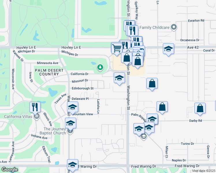 map of restaurants, bars, coffee shops, grocery stores, and more near 42667 Cardiff Street in Palm Desert