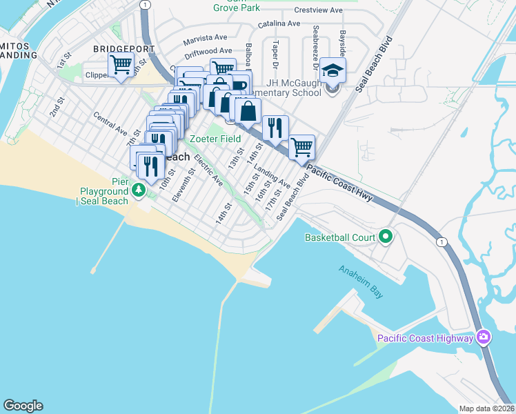 map of restaurants, bars, coffee shops, grocery stores, and more near 1603 Electric Avenue in Seal Beach