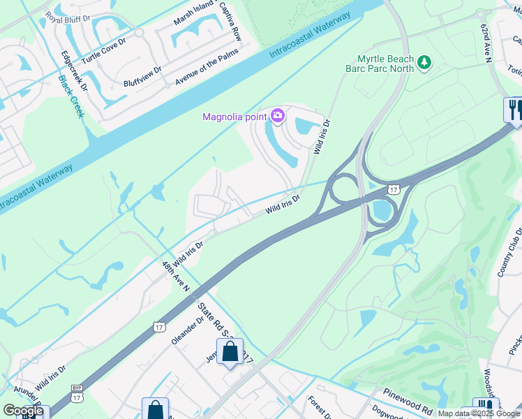 map of restaurants, bars, coffee shops, grocery stores, and more near 33-F Luster Leaf Circle in Myrtle Beach