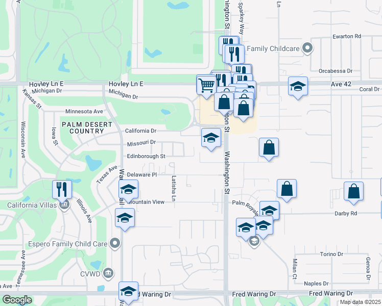 map of restaurants, bars, coffee shops, grocery stores, and more near 42667 Cardiff Street in Palm Desert