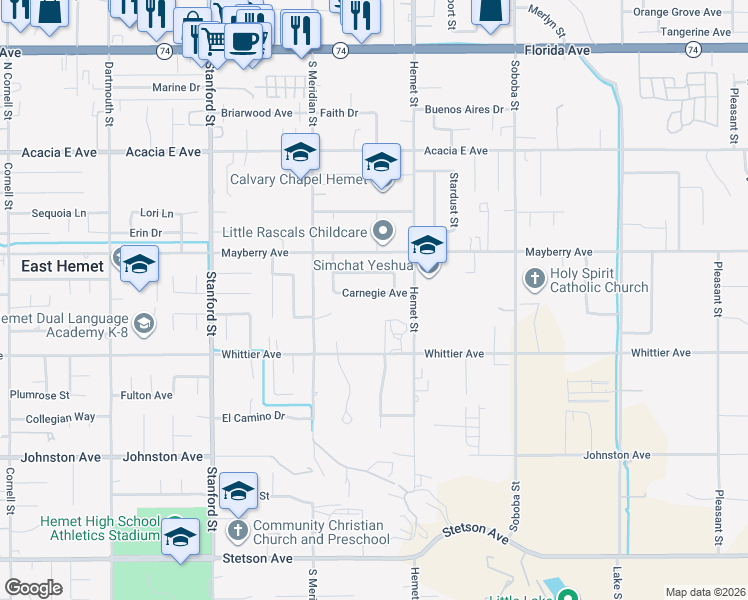 map of restaurants, bars, coffee shops, grocery stores, and more near 42153 Carnegie Avenue in Hemet
