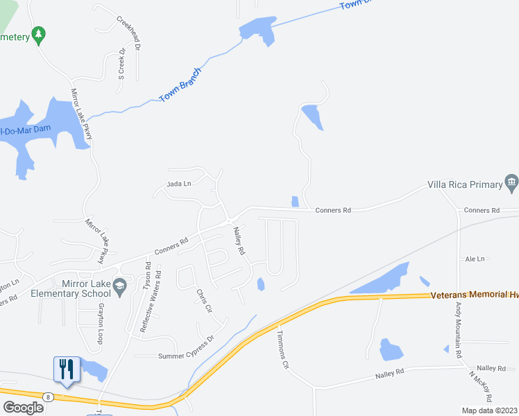 map of restaurants, bars, coffee shops, grocery stores, and more near 8916 Conners Road in Villa Rica