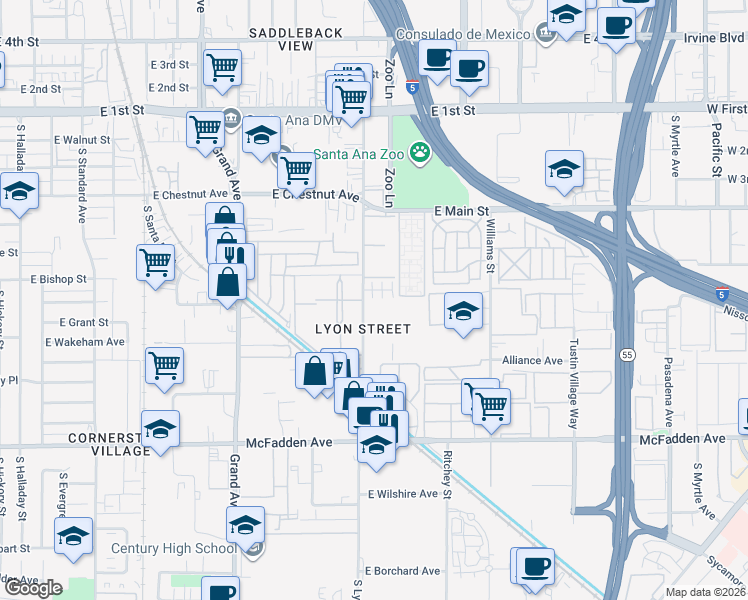 map of restaurants, bars, coffee shops, grocery stores, and more near 717 South Lyon Street in Santa Ana