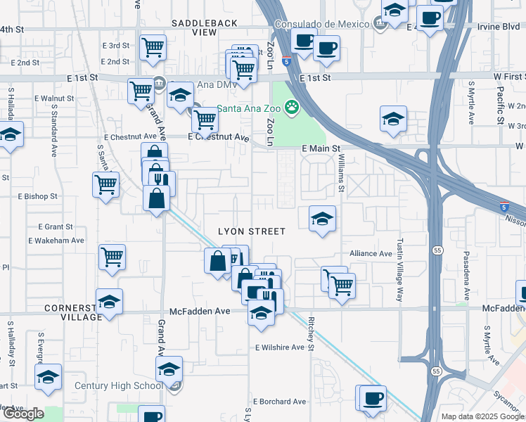 map of restaurants, bars, coffee shops, grocery stores, and more near 687 South Lyon Street in Santa Ana