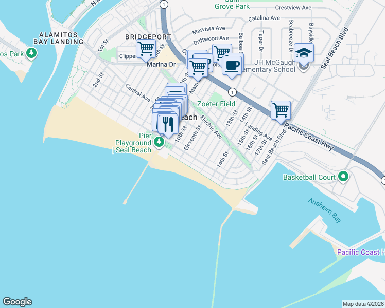 map of restaurants, bars, coffee shops, grocery stores, and more near 1115 Ocean Avenue in Seal Beach
