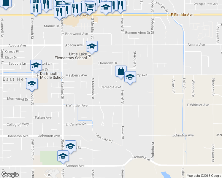map of restaurants, bars, coffee shops, grocery stores, and more near 42153 Carnegie Avenue in Hemet