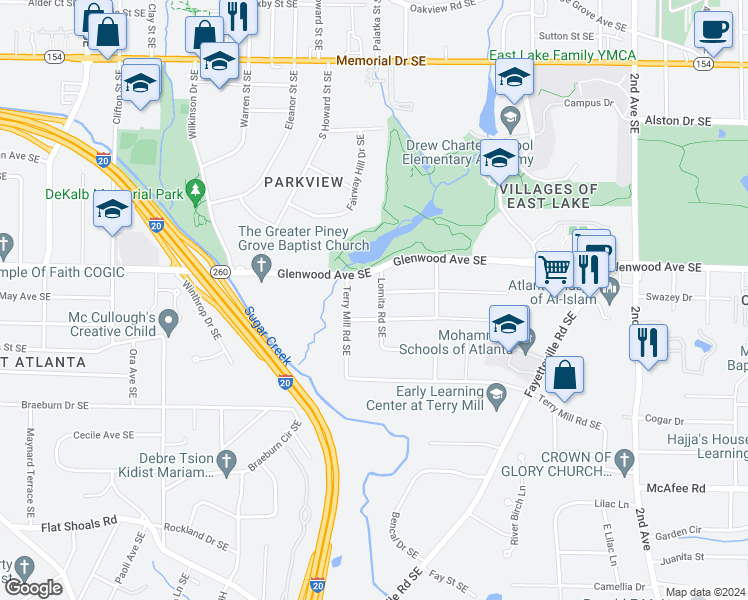 map of restaurants, bars, coffee shops, grocery stores, and more near 1833 Lomita Road Southeast in Atlanta