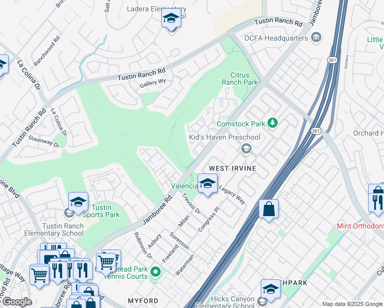 map of restaurants, bars, coffee shops, grocery stores, and more near 2960 Champion Way in Tustin