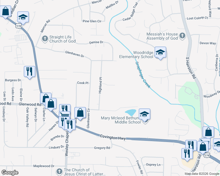 map of restaurants, bars, coffee shops, grocery stores, and more near 4466 Mark Anthony Court in Decatur