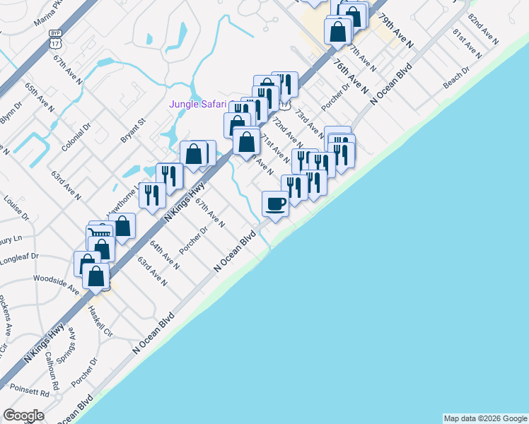 map of restaurants, bars, coffee shops, grocery stores, and more near 311 69th Avenue North in Myrtle Beach