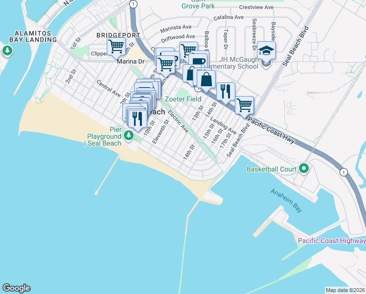 map of restaurants, bars, coffee shops, grocery stores, and more near 128 13th Street in Seal Beach