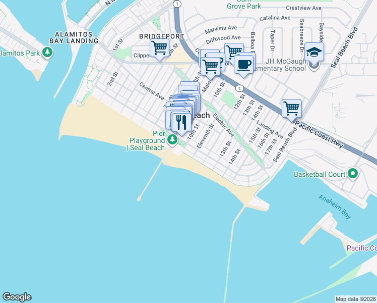 map of restaurants, bars, coffee shops, grocery stores, and more near 1003 East Seal Way in Seal Beach