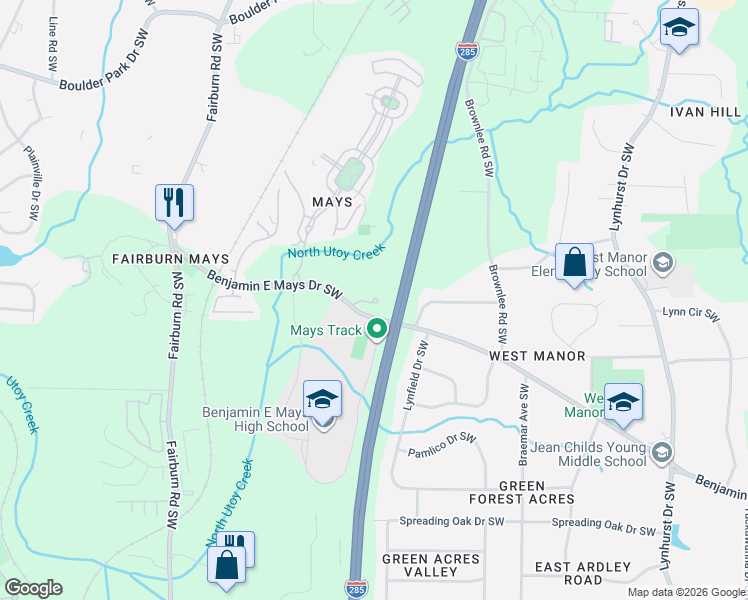 map of restaurants, bars, coffee shops, grocery stores, and more near Benjamin E Mays Drive Southwest in Atlanta