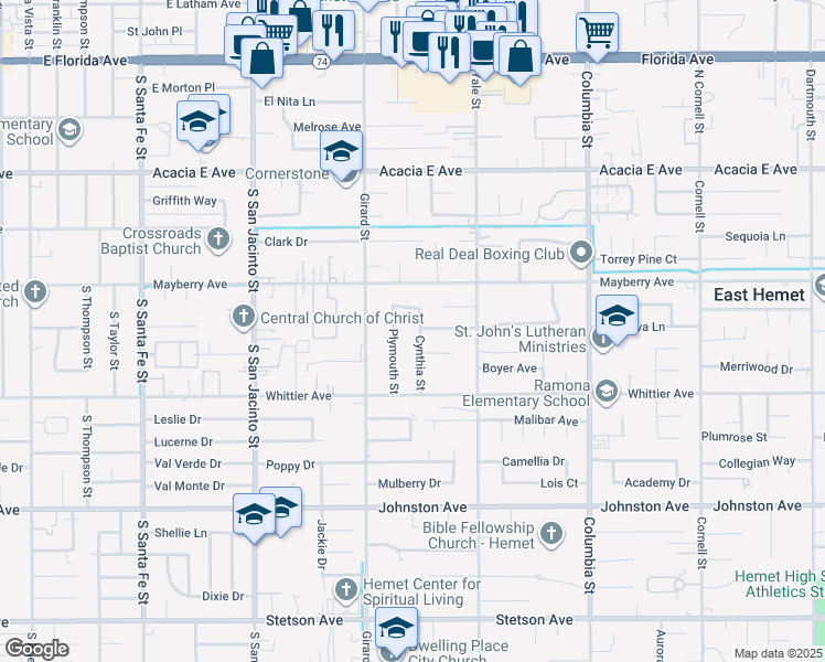 map of restaurants, bars, coffee shops, grocery stores, and more near 26300 Cynthia Street in Hemet