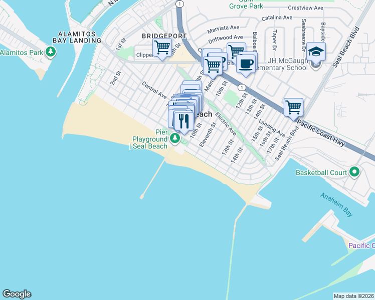 map of restaurants, bars, coffee shops, grocery stores, and more near 1003 East Seal Way in Seal Beach